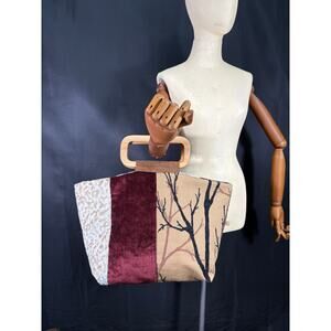 Patchwork One of a Kind Handmade Purse Wooden Handles Designer Upholstery Fabric